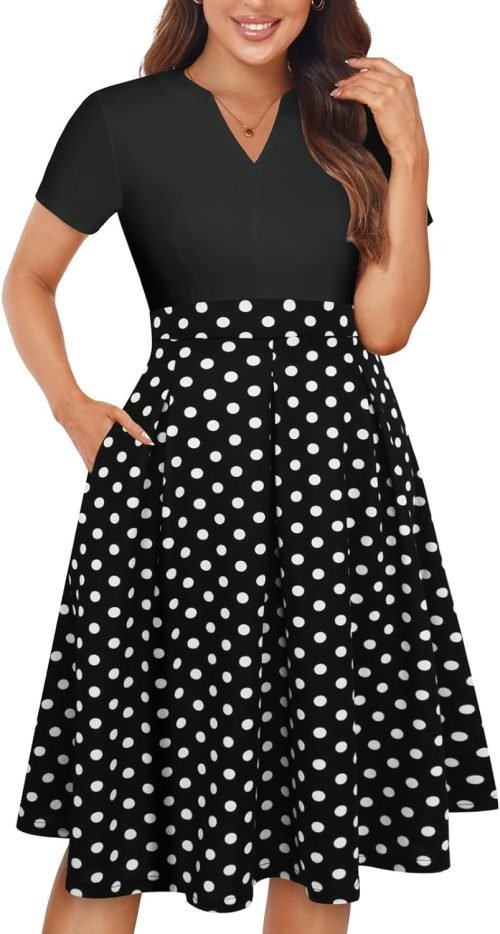 Womens Elegant Print Notched Neck Slant Pocket Pleated Hem Casual A-Line Dress