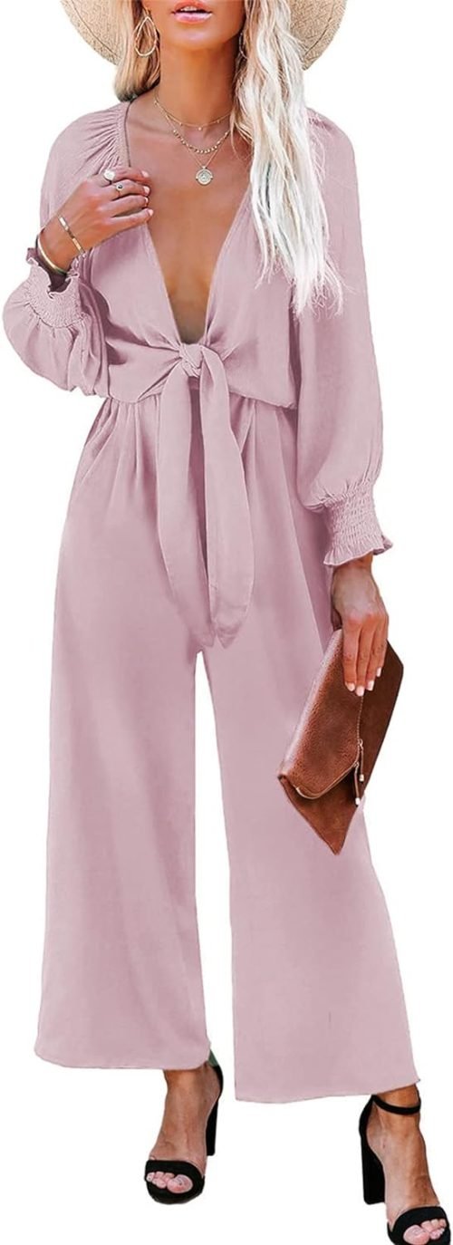 Rompers for Women Dressy Spring Summer Tie Knot Front Sexy V Neck Jumpsuits