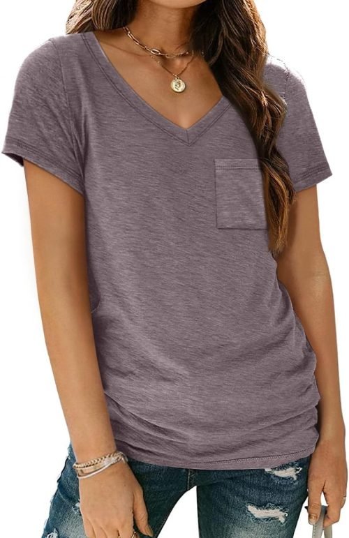 Womens T Shirts Short Sleeve V Neck Tops with Pockets Summer Fashion Trendy Soft Casual Comfy Outfits Clothes 2024