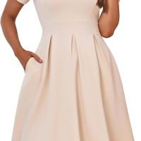 Womens Elegant Print Notched Neck Slant Pocket Pleated Hem Casual A-Line Dress