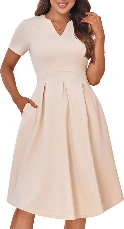 Womens Elegant Print Notched Neck Slant Pocket Pleated Hem Casual A-Line Dress