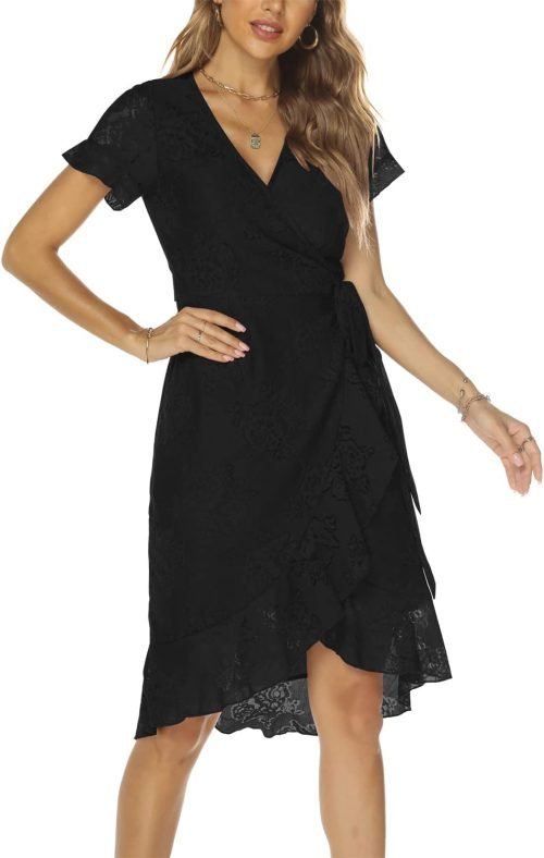 Women's Classic Floral Lace V Neck Wrap Dress Wedding Guest Ruffle Hem Split High Low Midi Cocktail Dresses 942