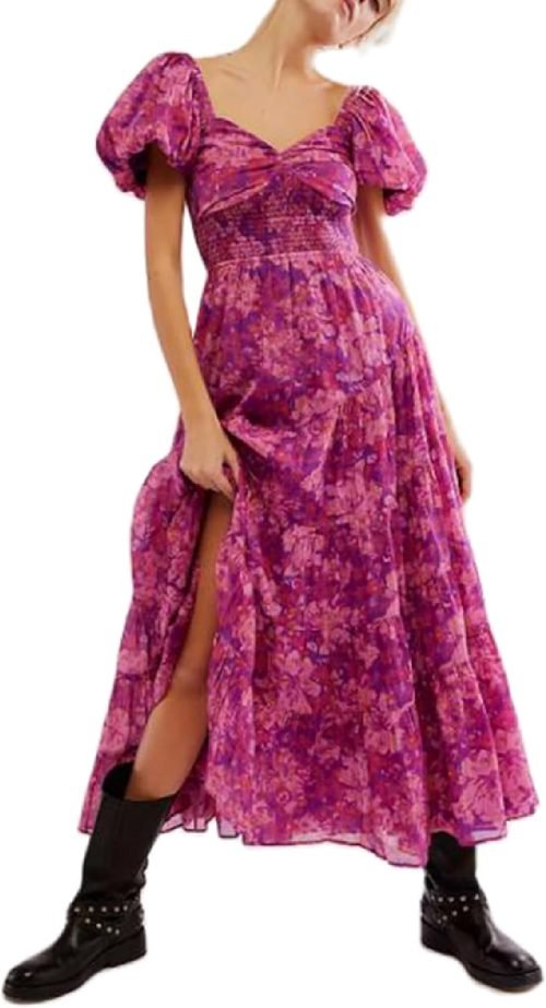 Women’s Floral Smocked Maxi Dress Boho Puff Sleeve Sweetheart A-Line Flowy Long Dresses Y2K Swing Beach Sundress