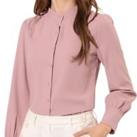 Women's Mandarin Collar Office Top Long Sleeve Button Down Shirt