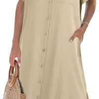 Womens Dress Summer Casual Short Sleeve Button Down Shirt Dress Beach Cover Up Dress with Pockets