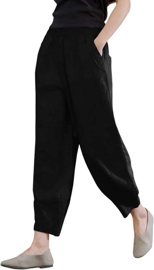 61bs-xVqZHL._AC_SL1500 Women's 100% Linen Pants Relax Fit Lantern Cropped TaperedPants Trousers with Elastic Waist