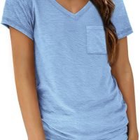 Womens T Shirts Short Sleeve V Neck Tops with Pockets Summer Fashion Trendy Soft Casual Comfy Outfits Clothes 2024
