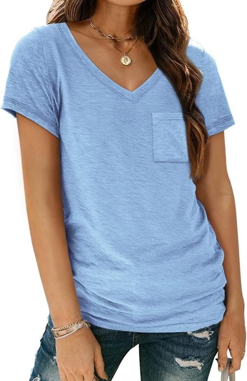 Womens T Shirts Short Sleeve V Neck Tops with Pockets Summer Fashion Trendy Soft Casual Comfy Outfits Clothes 2024