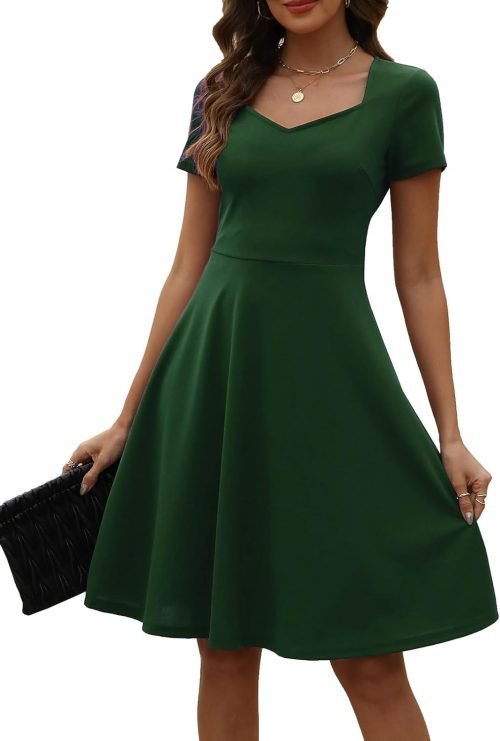 Women's Elegant Vintage Summer Sweetheart Neck Short Sleeve Casual Work Party Business A-Line Dress 163