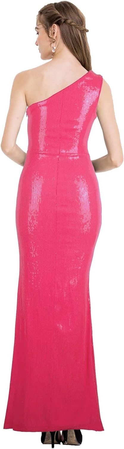 Women's One Shoulder Sleeveless Sequin Maxi Prom Dresses