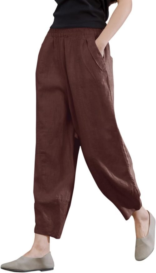 61dWUoUf4uL._AC_SL1500 Women's 100% Linen Pants Relax Fit Lantern Cropped TaperedPants Trousers with Elastic Waist