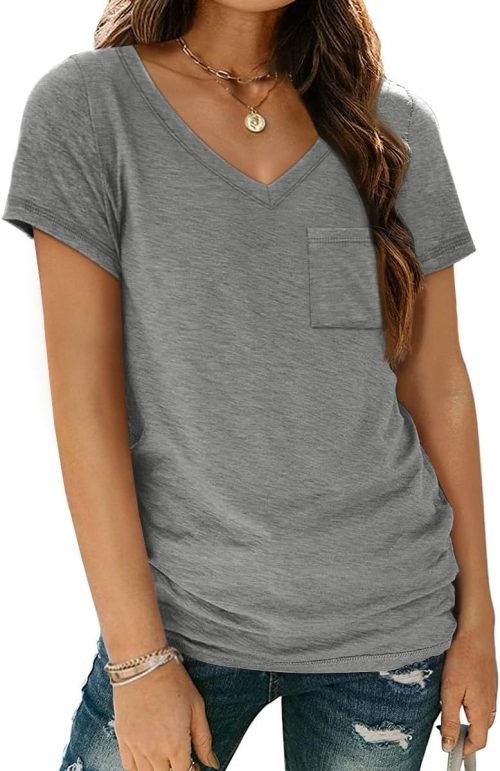 Womens T Shirts Short Sleeve V Neck Tops with Pockets Summer Fashion Trendy Soft Casual Comfy Outfits Clothes 2024