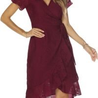 Women's Classic Floral Lace V Neck Wrap Dress Wedding Guest Ruffle Hem Split High Low Midi Cocktail Dresses 942