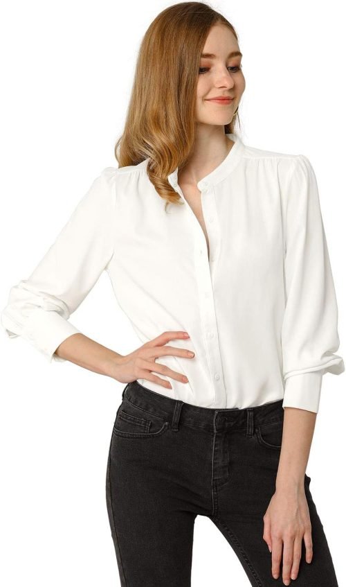 Women's Mandarin Collar Office Top Long Sleeve Button Down Shirt