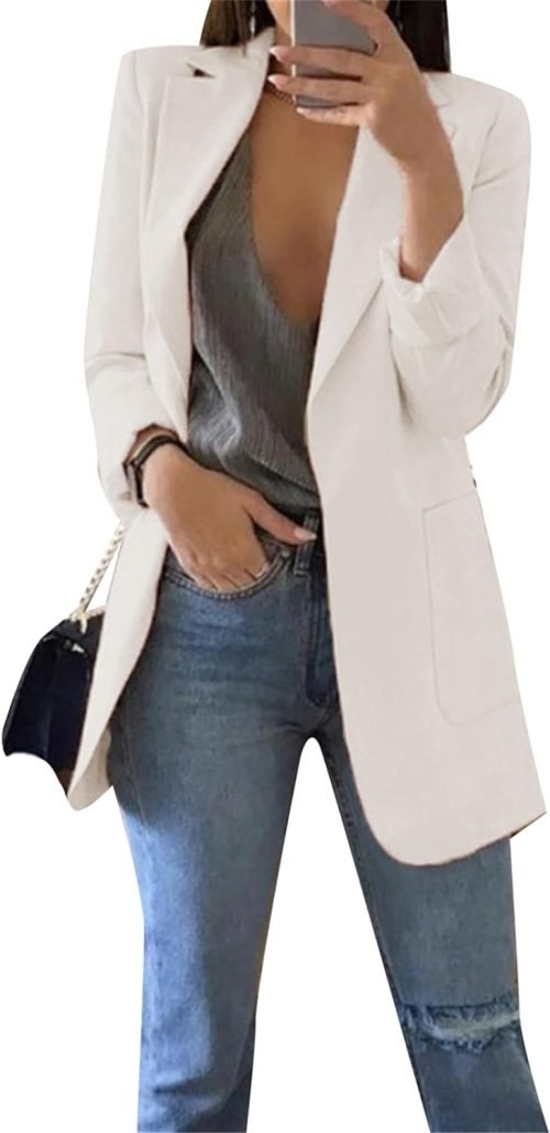 Women's Business Casual Outfits Open Front Long Sleeve Lapel Fashion Lightweight Solid Color Blazers with Pockets