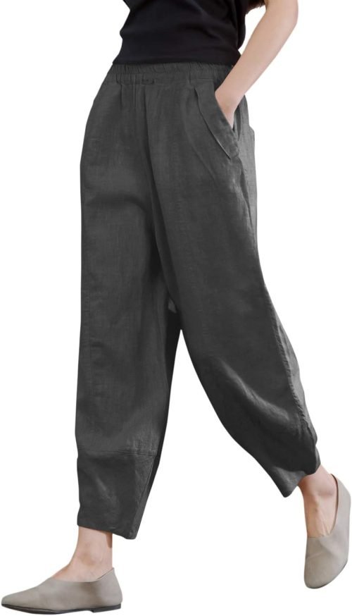 61fkCtMkMPL._AC_SL1500 Women's 100% Linen Pants Relax Fit Lantern Cropped TaperedPants Trousers with Elastic Waist