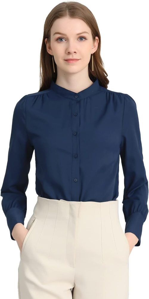 Women's Mandarin Collar Office Top Long Sleeve Button Down Shirt