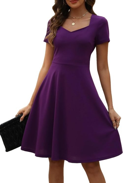 Women's Elegant Vintage Summer Sweetheart Neck Short Sleeve Casual Work Party Business A-Line Dress 163