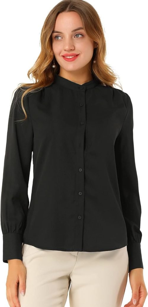 Women's Mandarin Collar Office Top Long Sleeve Button Down Shirt