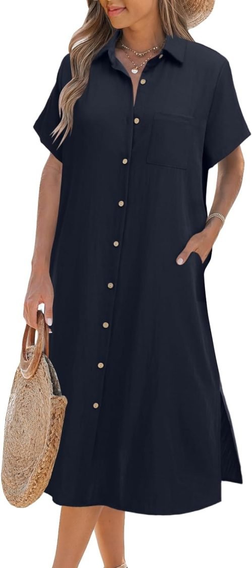 Womens Dress Summer Casual Short Sleeve Button Down Shirt Dress Beach Cover Up Dress with Pockets