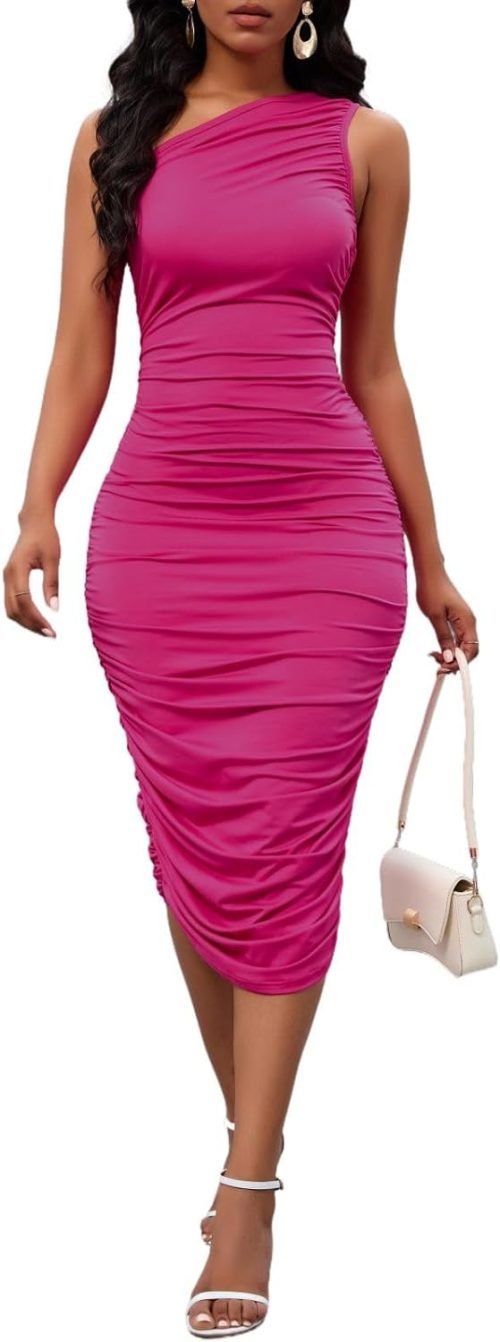 Women's Sexy One Shoulder Dresses Sleeveless Party Club Ruched Cocktail Wedding Guest Bodycon Midi Dress