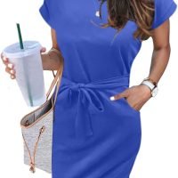 Women's Summer Striped Short Sleeve T Shirt Dress Casual Tie Waist with Pockets
