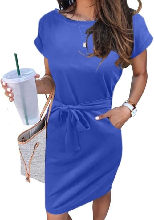 Women's Summer Striped Short Sleeve T Shirt Dress Casual Tie Waist with Pockets