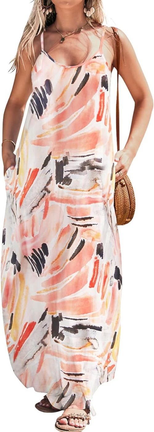 Women Summer Casual Bohemian Maxi Dress V-Neck Sleeveless Flowy Boho Floral Beach Long Dress with Pockets