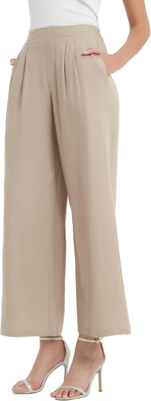 Women's Drape Linen Pants Summer Wide Leg Trousers Compact Fabric with Pockets