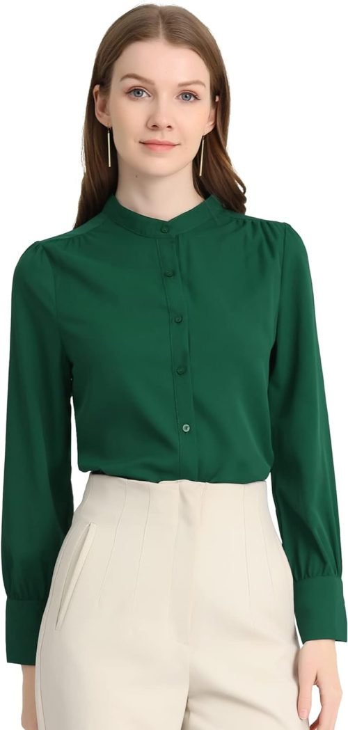 Women's Mandarin Collar Office Top Long Sleeve Button Down Shirt