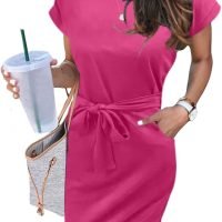 Women's Summer Striped Short Sleeve T Shirt Dress Casual Tie Waist with Pockets