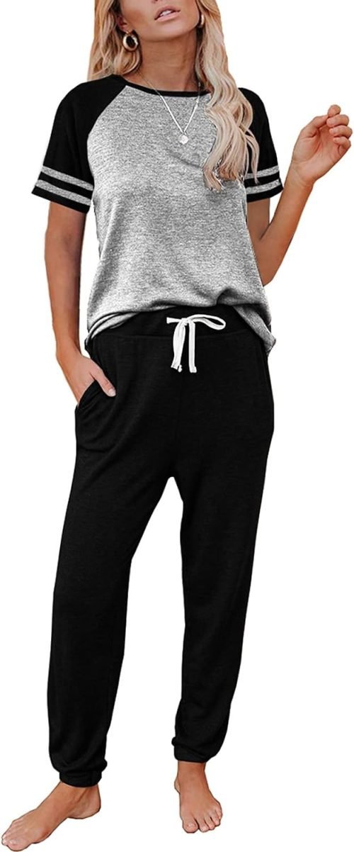 Lounge Sets For Women Two Piece Outfits Loungewear Short Sleeve Crewneck Jogger Pajama Set and Sweatpants Tracksuit