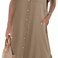 Womens Dress Summer Casual Short Sleeve Button Down Shirt Dress Beach Cover Up Dress with Pockets