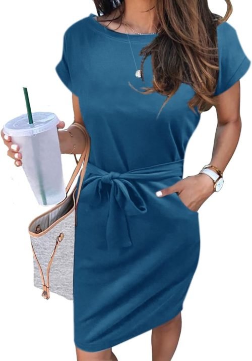 Women's Summer Striped Short Sleeve T Shirt Dress Casual Tie Waist with Pockets