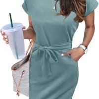 Women's Summer Striped Short Sleeve T Shirt Dress Casual Tie Waist with Pockets