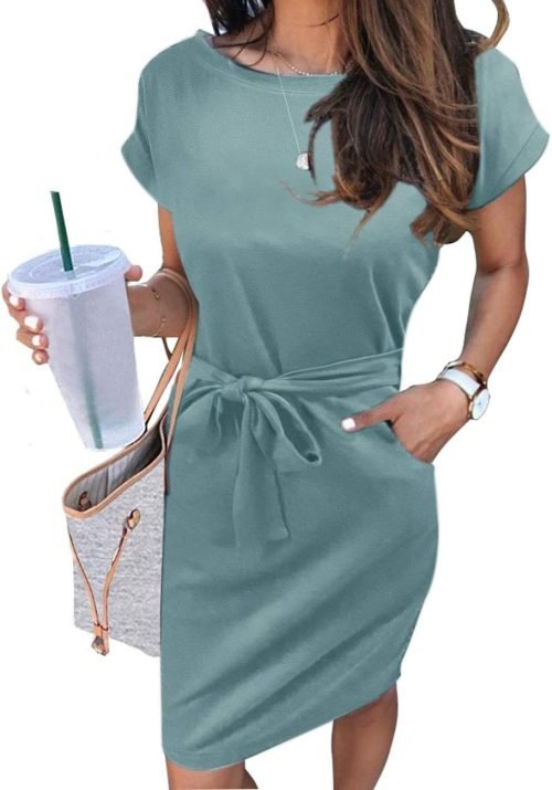 Women's Summer Striped Short Sleeve T Shirt Dress Casual Tie Waist with Pockets