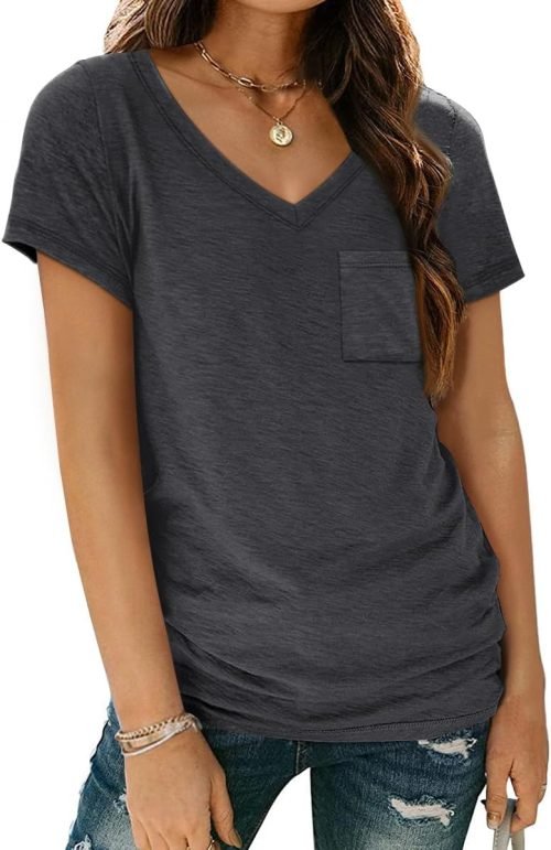 Womens T Shirts Short Sleeve V Neck Tops with Pockets Summer Fashion Trendy Soft Casual Comfy Outfits Clothes 2024