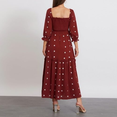 Women’s Floral Smocked Maxi Dress Boho Puff Sleeve Sweetheart A-Line Flowy Long Dresses Y2K Swing Beach Sundress