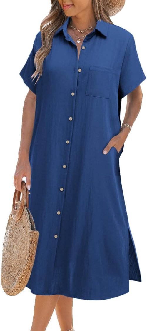 Womens Dress Summer Casual Short Sleeve Button Down Shirt Dress Beach Cover Up Dress with Pockets