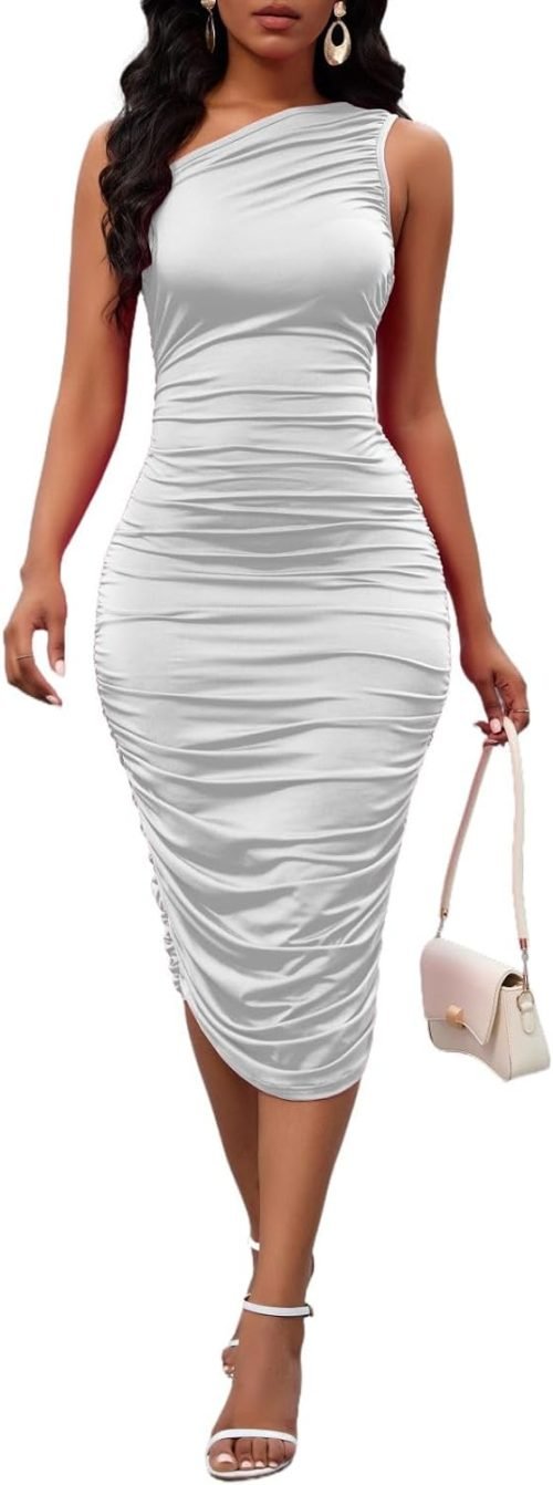 Women's Sexy One Shoulder Dresses Sleeveless Party Club Ruched Cocktail Wedding Guest Bodycon Midi Dress