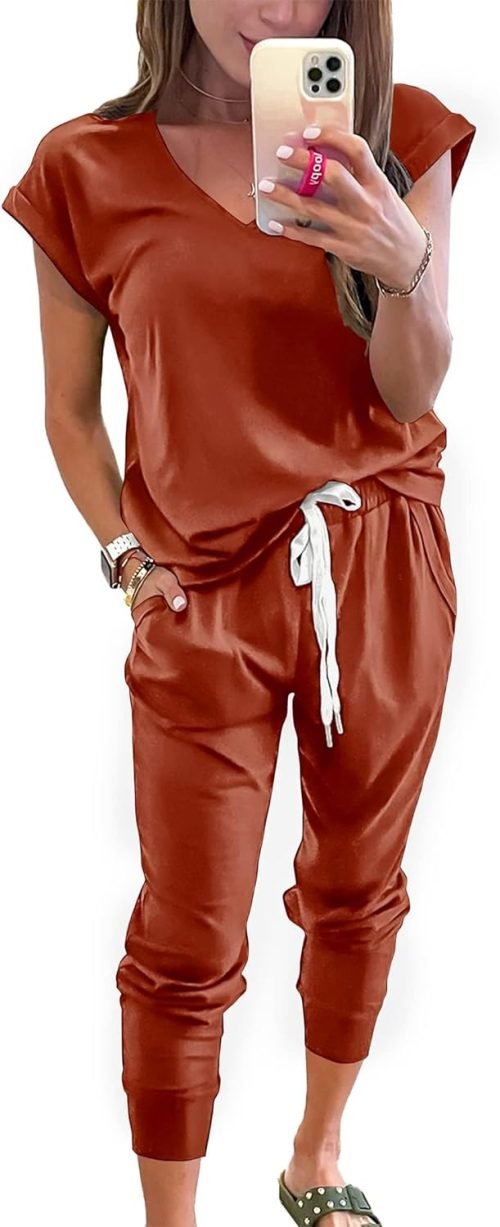 Womens V Neck Short Sleeve Top And Long Pants