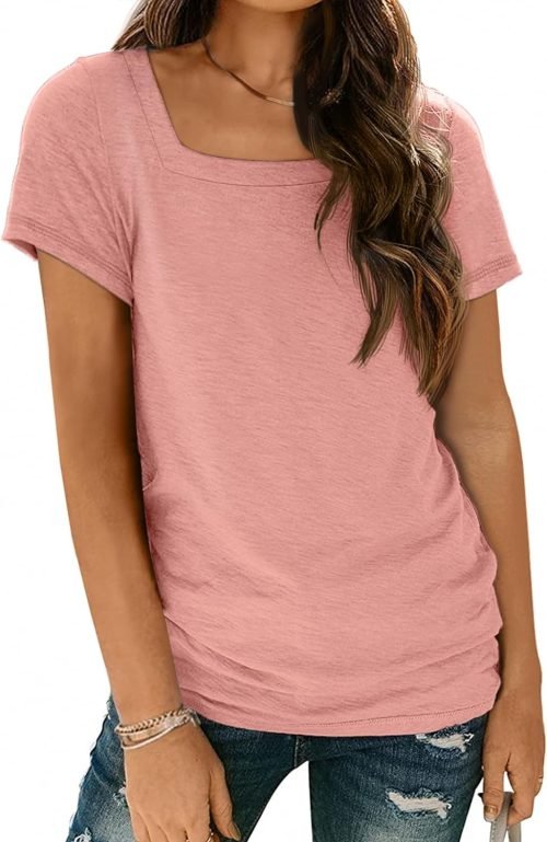 Womens Tops Casual Spring Summer Tshirts 2024 Short Sleeve Square Neck Basic Tee Outfits