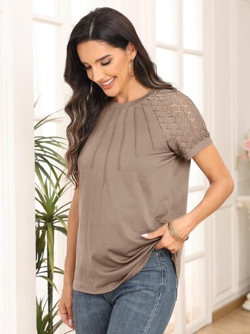 Womens Tshirts Trendy Fashion Tops Lace Short Sleeve Business Tee Shirts Casual Knitted Blouses Summer Outfits 2024