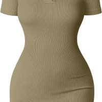 Women's Mini Dresses Sexy Ribbed Short Sleeve Tummy Control Bodycon Mini Dress