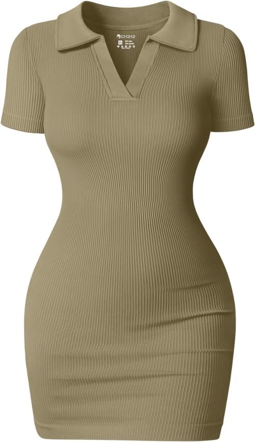 Women's Mini Dresses Sexy Ribbed Short Sleeve Tummy Control Bodycon Mini Dress