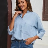 Women's Soft Tencel Denim Shirts Casual 3/4 Sleeve Button Down Blouses