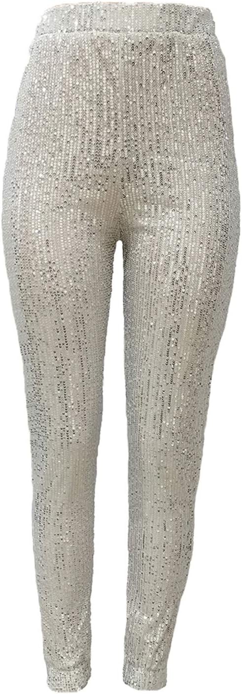 Women Casual Sequin Sparkle Glitter High Waist Pencil Pants Trousers Clubwear