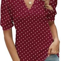 Women Casual V-Neck T-Shirts Loose Puff Short-Sleeve Tops Tunic Blouse