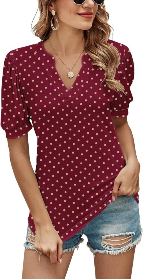 Women Casual V-Neck T-Shirts Loose Puff Short-Sleeve Tops Tunic Blouse