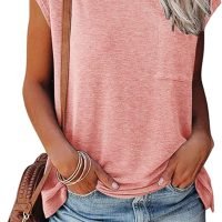 Womens Summer Short Cap Sleeve Shirts Solid Loose Fit Pocket Tunic Tops